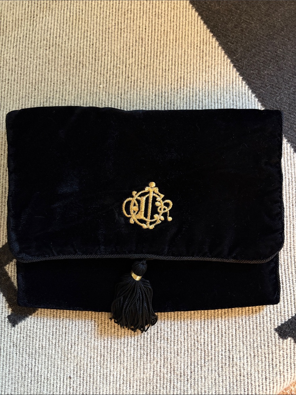 RARE Christian Dior Black Velvet Evening Clutch with Gold Embroidery and tassel